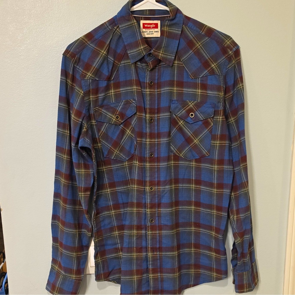Wrangler Men's Flannel Plaid LS Button-Up Stretch S Blue/Brown/Green #374